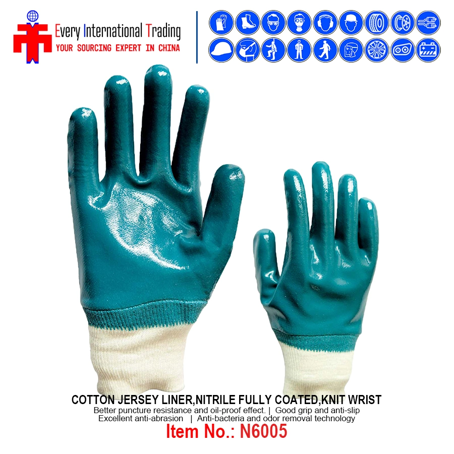 Industrial Nitrile Safety Gloves Cotton Liner, Nitrile Fully Coated Smooth Finish Knit Wrist Work Gloves