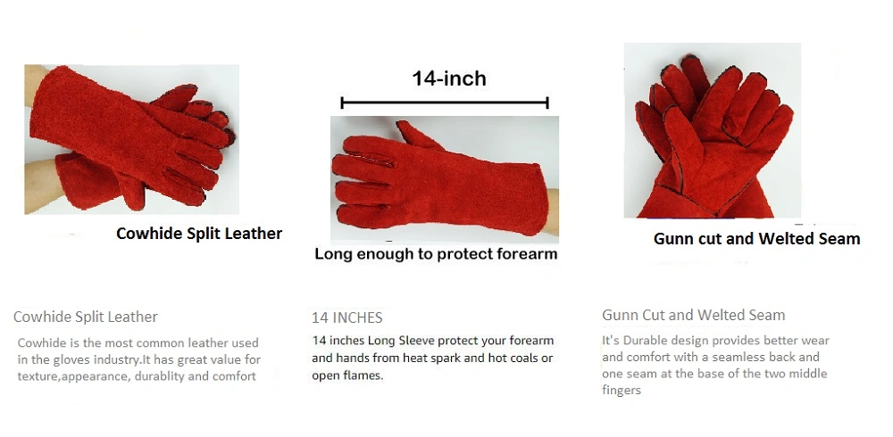 14&quot; Red Leather Welding Gloves Cow Split Leather Gloves Heat Resistant Work Gloves