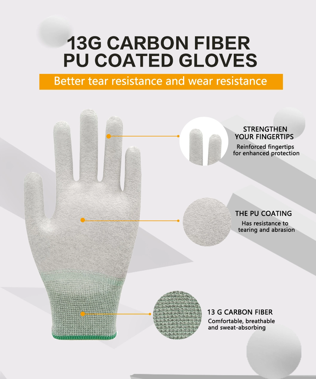 13G White Anti-Static Carbon Fiber PU Coated Tear Resistant Protective Gloves